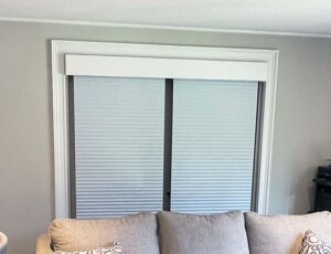 French doors separating Living Room from Family Room have blackout blinds for privacy when needed.